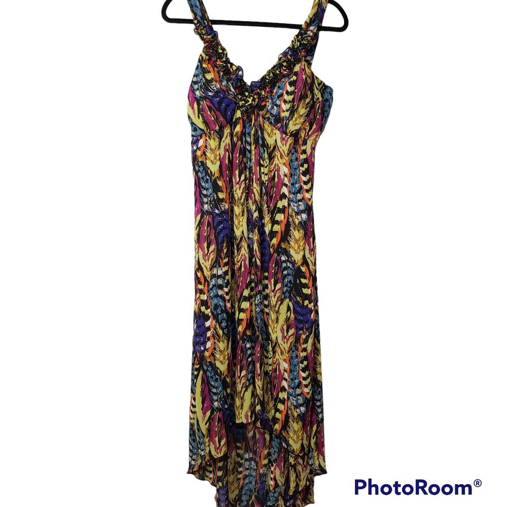 Cynthia Rowley Hi-Low Dress Multicolor Feather Print Size 14